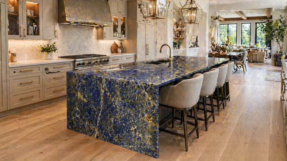 Luxury kitchen with black and gold granite island
